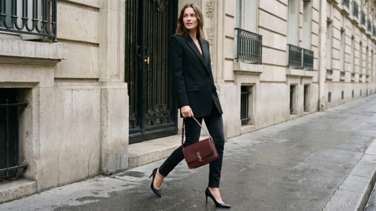 Woman walking in Paris wearing a sharp Saint Laurent black blazer, heels, and holding a burgundy YSL shoulder bag