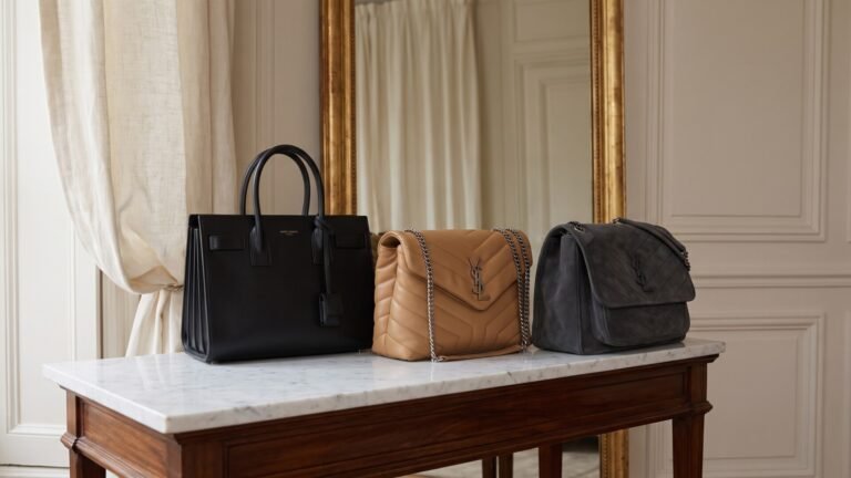 Three Saint Laurent handbags in smooth black calfskin, quilted beige leather, and grey suede on a marble table