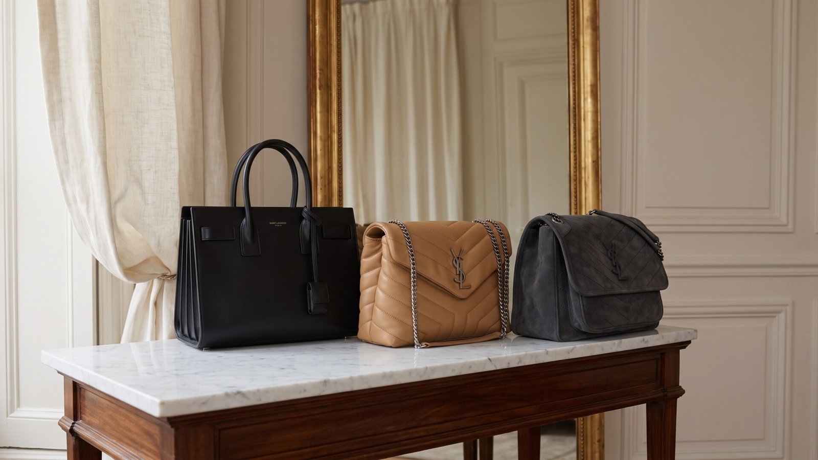 Three Saint Laurent handbags in smooth black calfskin, quilted beige leather, and grey suede on a marble table