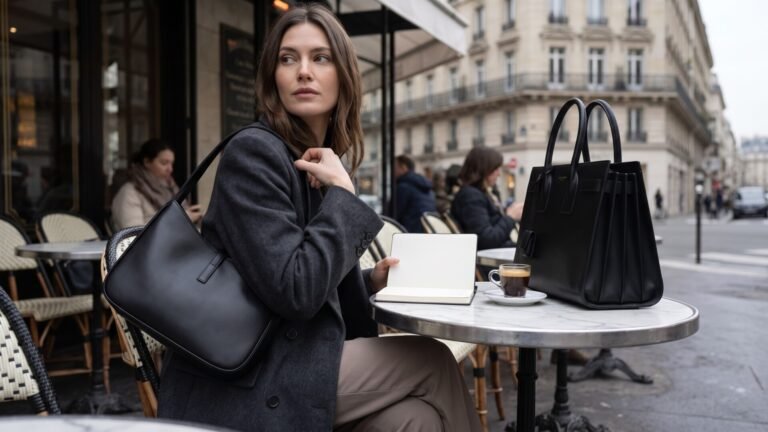Woman wearing a black Saint Laurent shoulder bag seated at an outdoor cafe beside a black Sac de Jour tote