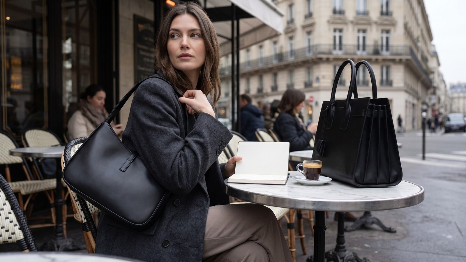 Woman wearing a black Saint Laurent shoulder bag seated at an outdoor cafe beside a black Sac de Jour tote