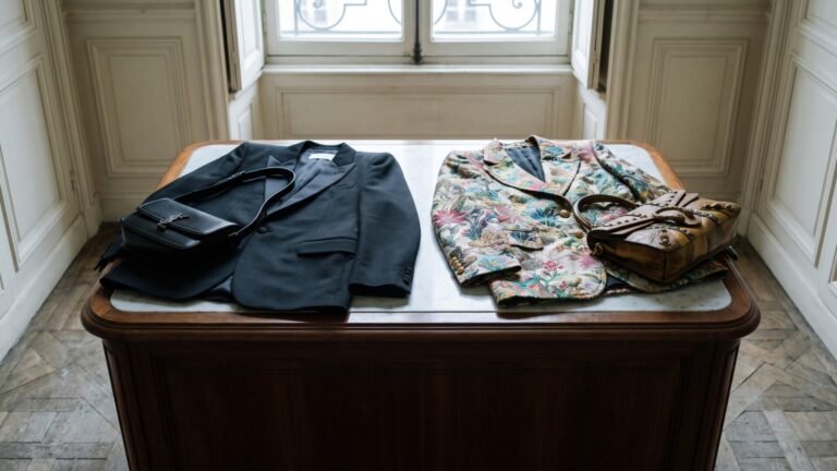 Tailored black Saint Laurent jacket and purse next to an ornate floral Gucci blazer on a marble table