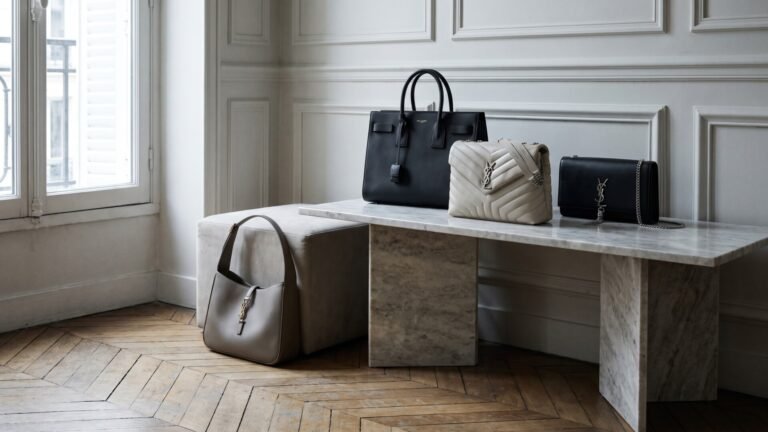 Four Saint Laurent leather handbags displayed on a marble bench and ottoman in an elegant interior