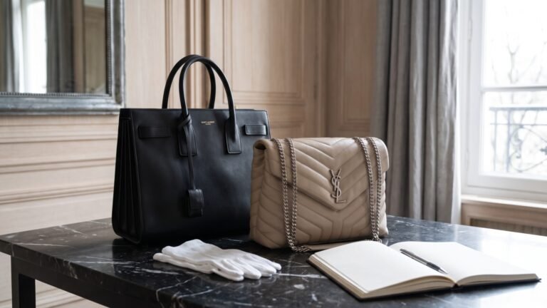 Black Saint Laurent Sac de Jour tote and beige quilted flap bag beside appraisal gloves and a notebook