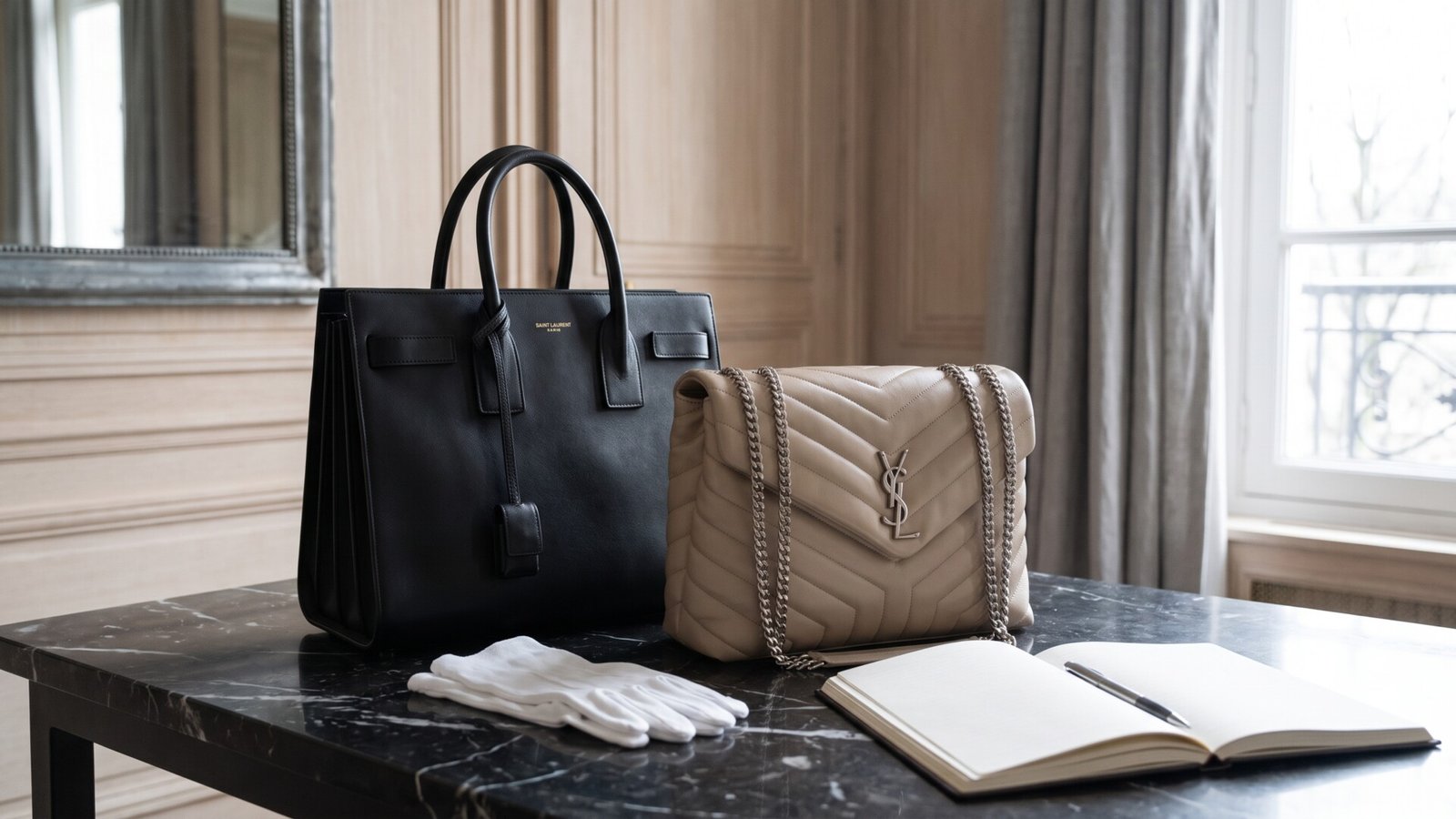 Black Saint Laurent Sac de Jour tote and beige quilted flap bag beside appraisal gloves and a notebook