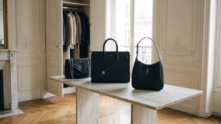 Three black Saint Laurent leather handbags displayed on a marble table in an elegant Parisian apartment