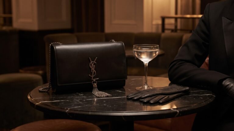Black leather Saint Laurent Kate tassel bag resting on a marble cocktail table in an elegant lounge