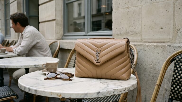 Beige Saint Laurent Loulou quilted leather bag on a marble bistro table beside an espresso cup and sunglasses
