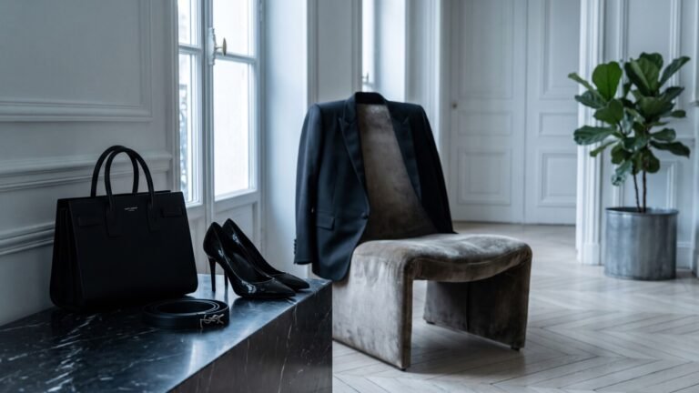 Saint Laurent black leather handbag, belt, and stiletto heels arranged beside a tailored blazer in a modern room