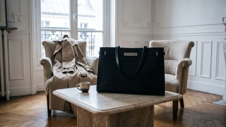 Black Saint Laurent Manhattan tote resting on a marble table in a classic Parisian apartment interior