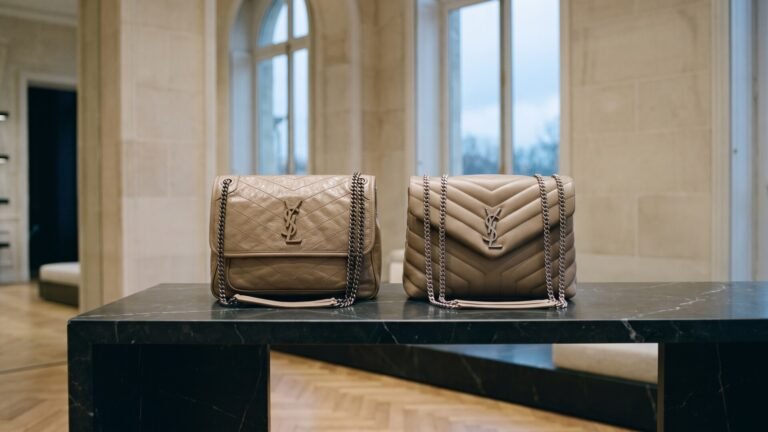 Saint Laurent Niki and LouLou handbags side by side on a black marble table in an elegant interior