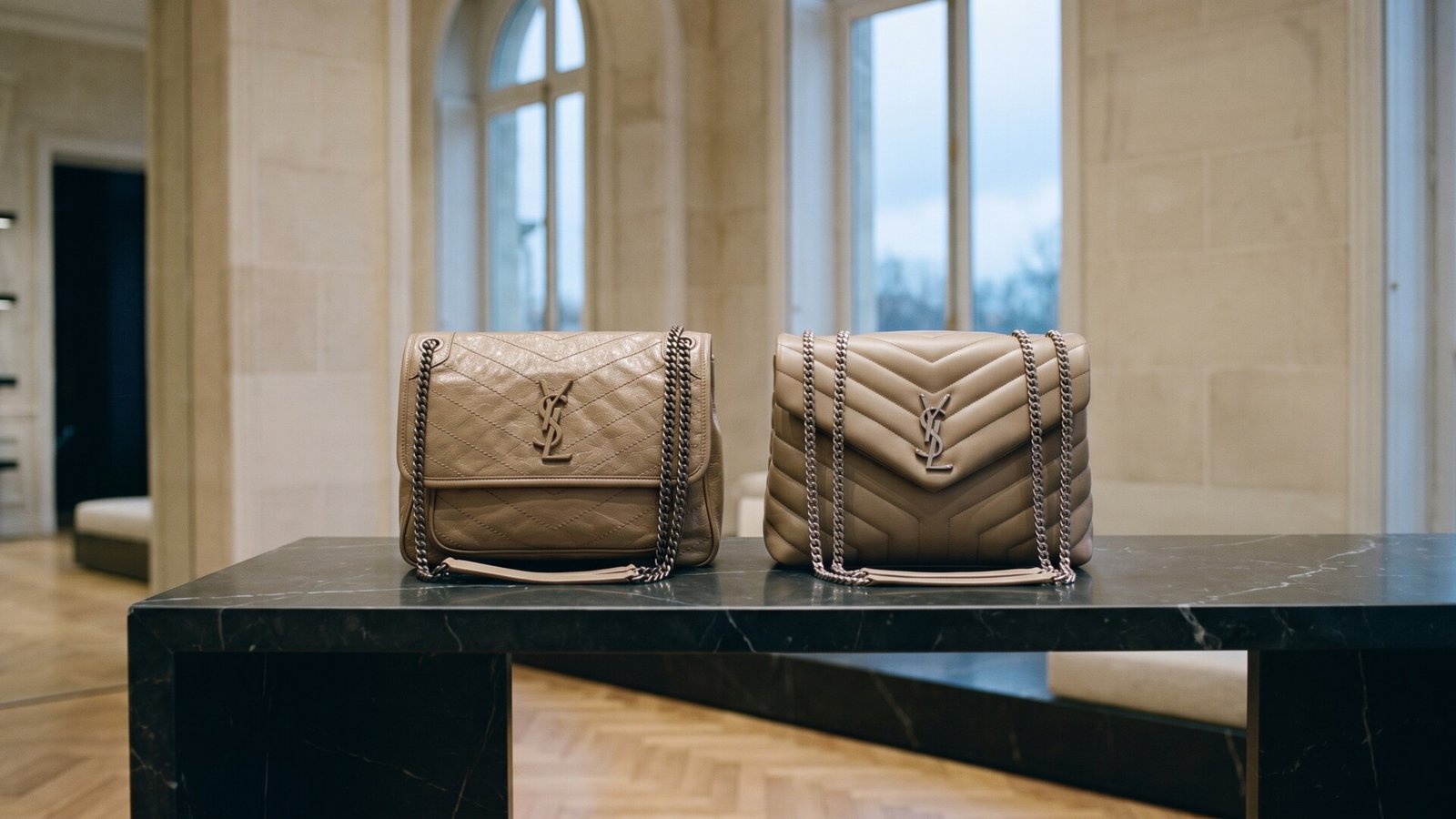 Saint Laurent Niki and LouLou handbags side by side on a black marble table in an elegant interior