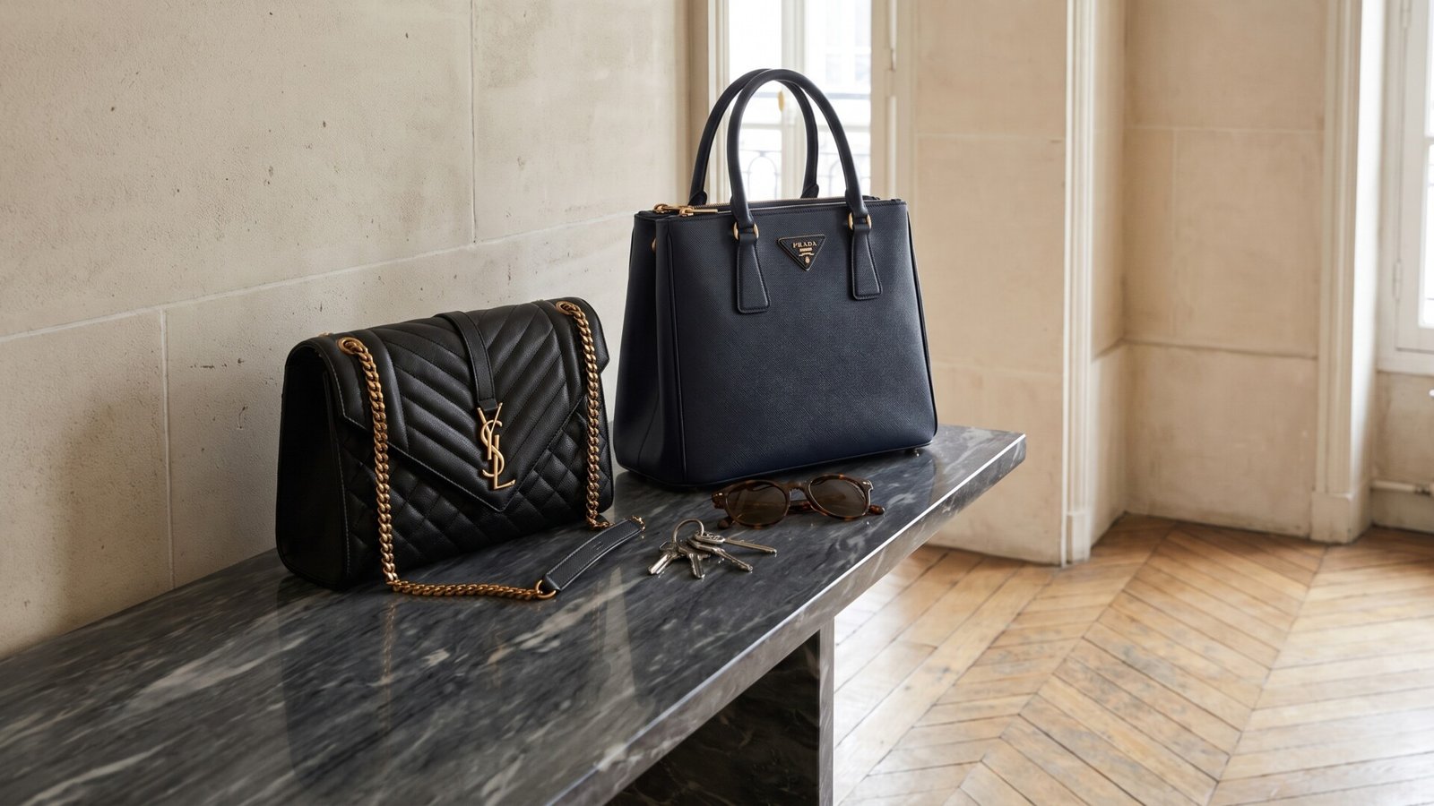 Quilted black Saint Laurent shoulder bag beside a structured Prada tote on a grey marble table