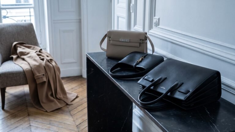 Saint Laurent leather handbags displayed on a black marble console table in a classic Parisian apartment