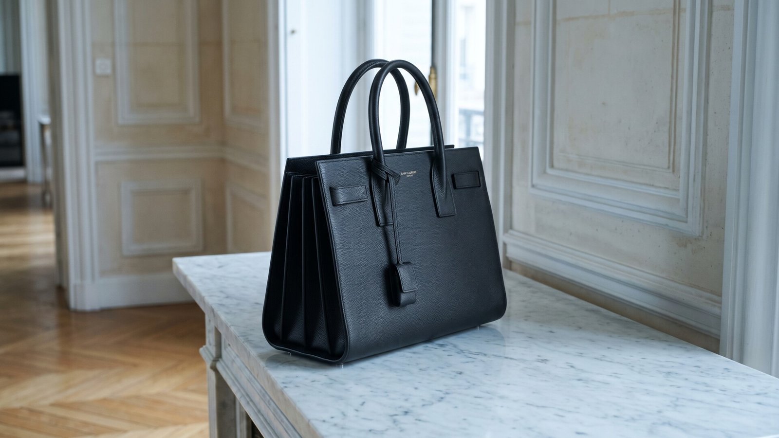 Black Saint Laurent Sac de Jour grained leather handbag displayed on a white marble surface in an elegant room