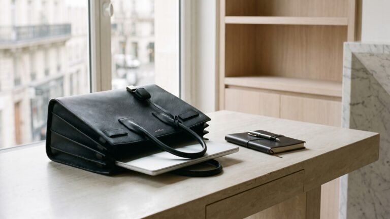 Black leather Saint Laurent Sac de Jour bag with a laptop on an office desk beside a window