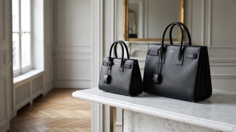 Black Saint Laurent Sac de Jour bags in Mini and Medium sizes displayed on a marble table