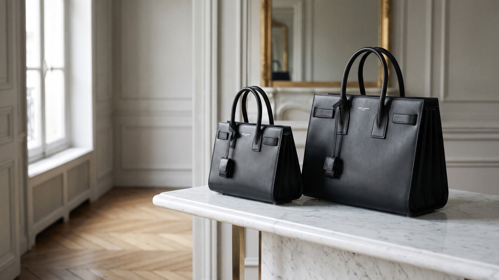 Black Saint Laurent Sac de Jour bags in Mini and Medium sizes displayed on a marble table