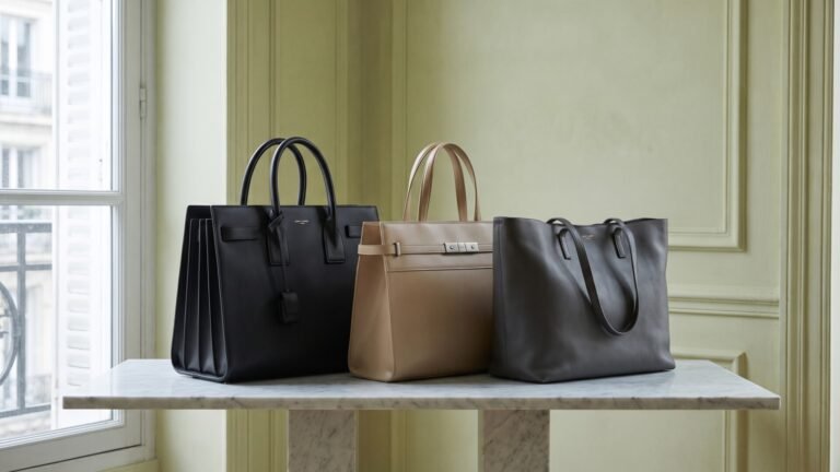 Saint Laurent Sac de Jour, Manhattan, and Shopping Tote displayed side by side on a marble table