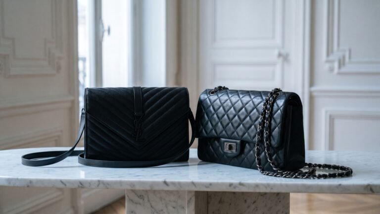 Black Saint Laurent chevron-quilted bag beside a classic Chanel diamond-quilted flap bag on a marble table