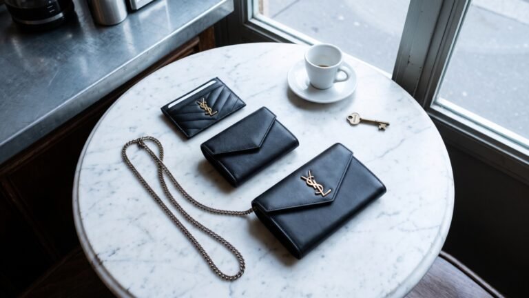 Black Saint Laurent card holder, compact wallet, and wallet-on-chain arranged on a marble table