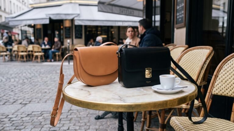 Sézane Claude bag in tan beside a black leather Milo bag on an outdoor marble café table in Paris