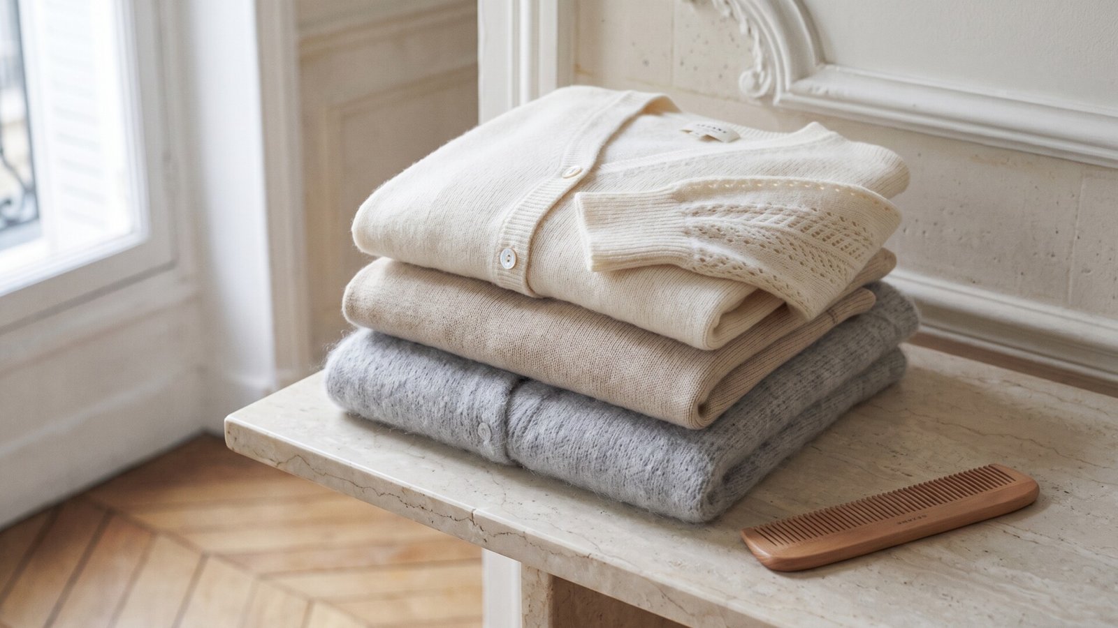Folded Sézane wool knit cardigans stacked on a marble ledge next to a wooden sweater comb