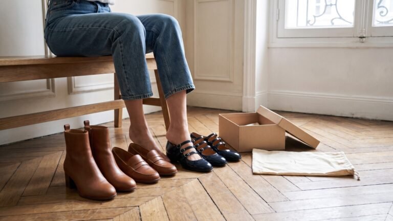 Woman trying on Sézane patent Mary Janes next to leather boots and loafers on a parquet floor