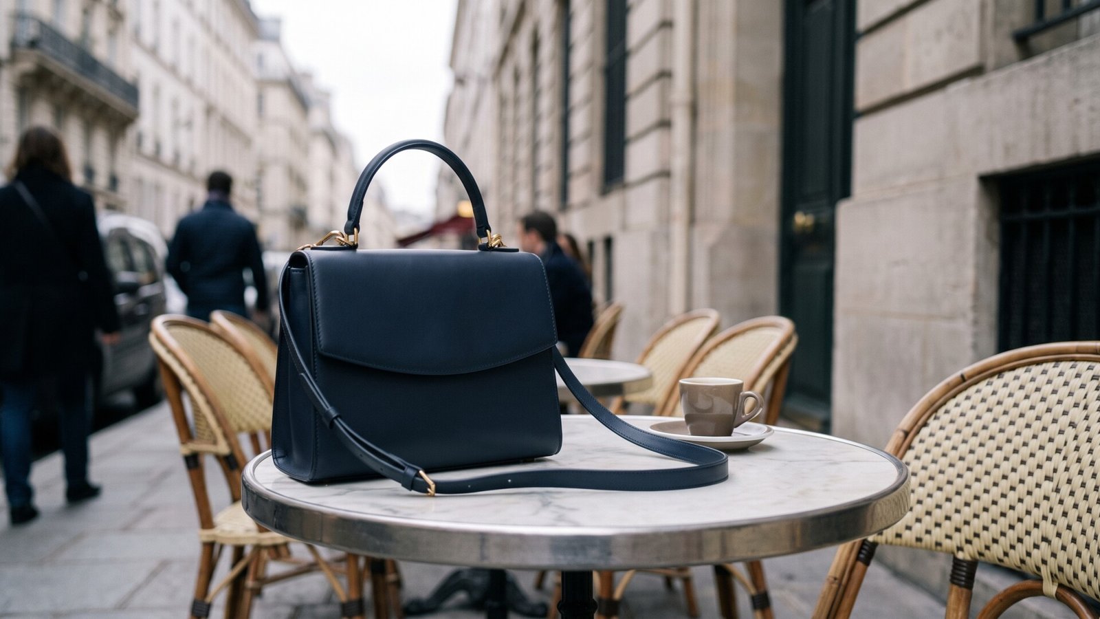 Dark leather Soeur Bellissima handbag next to an espresso cup on a round marble Parisian cafe table