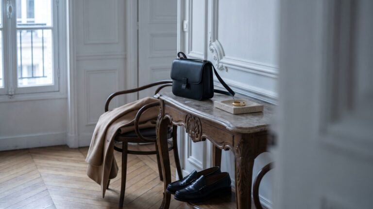 Black leather handbag, loafers, and camel coat in an elegant Parisian apartment interior