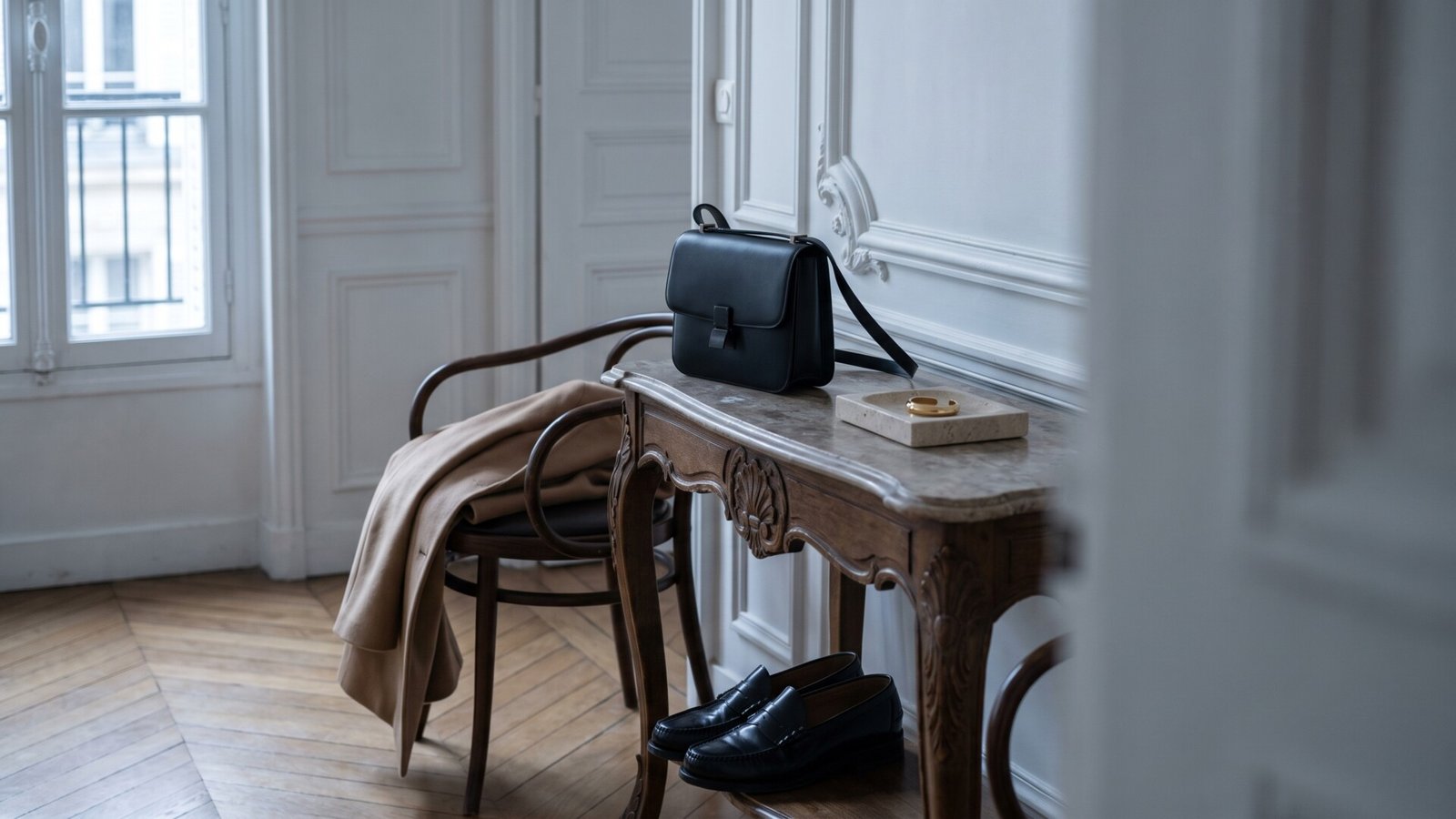 Black leather handbag, loafers, and camel coat in an elegant Parisian apartment interior