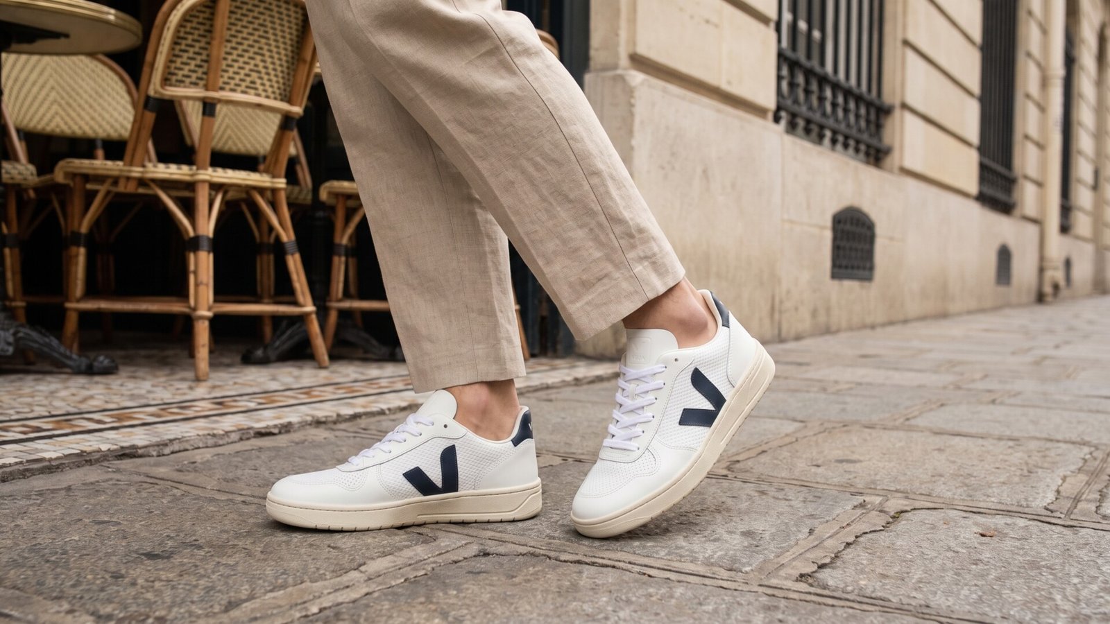 White Veja low-top sneakers paired with cropped beige trousers on a Parisian sidewalk