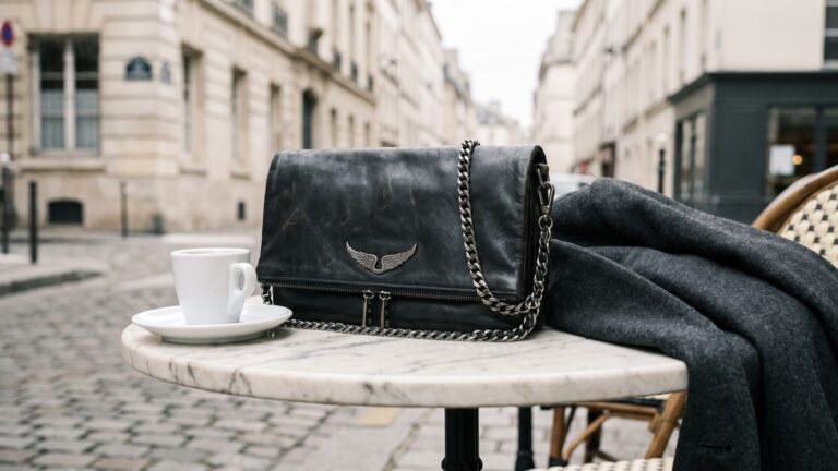 Black leather Zadig & Voltaire Rocky handbag on an outdoor marble cafe table beside an espresso cup in Paris