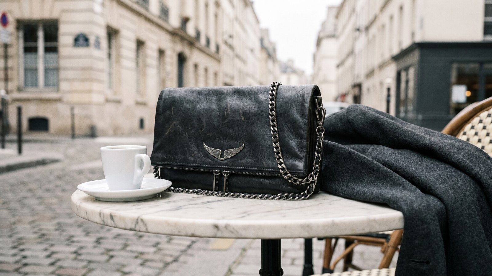 Black leather Zadig & Voltaire Rocky handbag on an outdoor marble cafe table beside an espresso cup in Paris